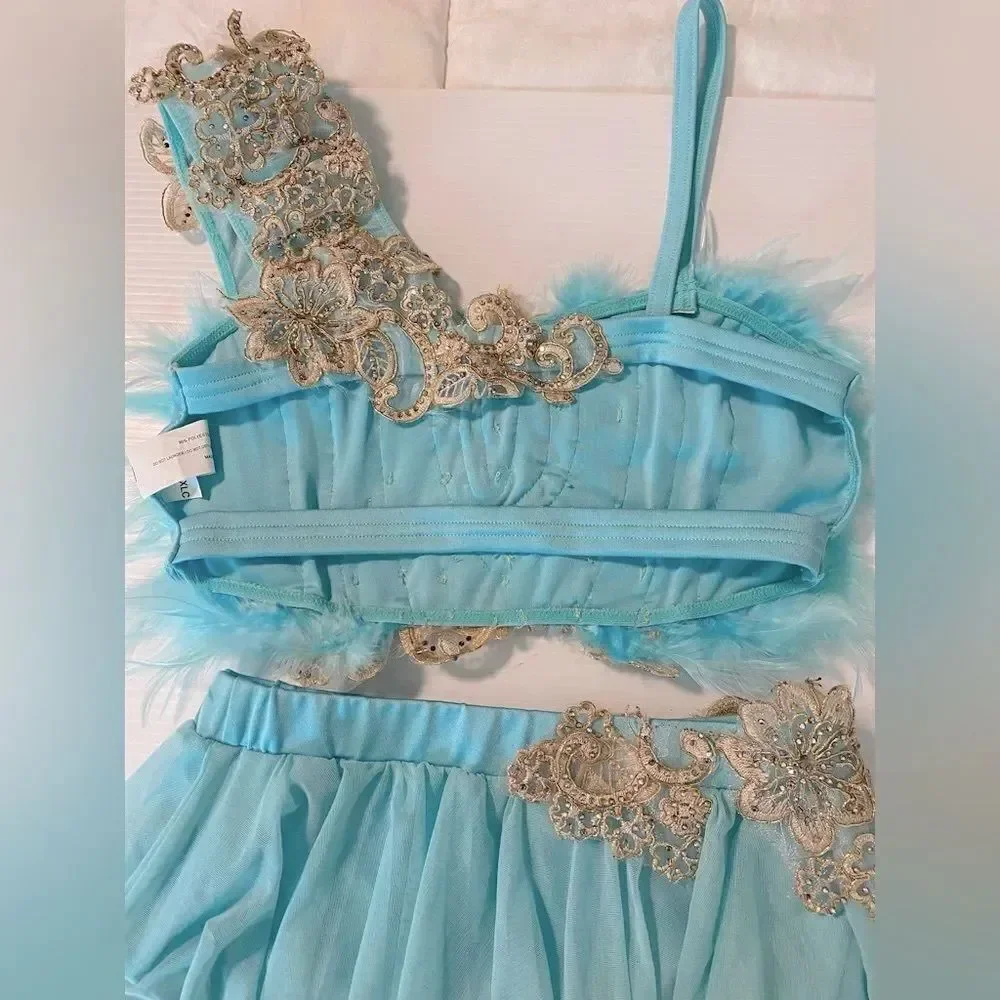 Glamour Solo Dance Costume Aqua Blue Feather jazz Broadway 2 Piece XLC Child SA
